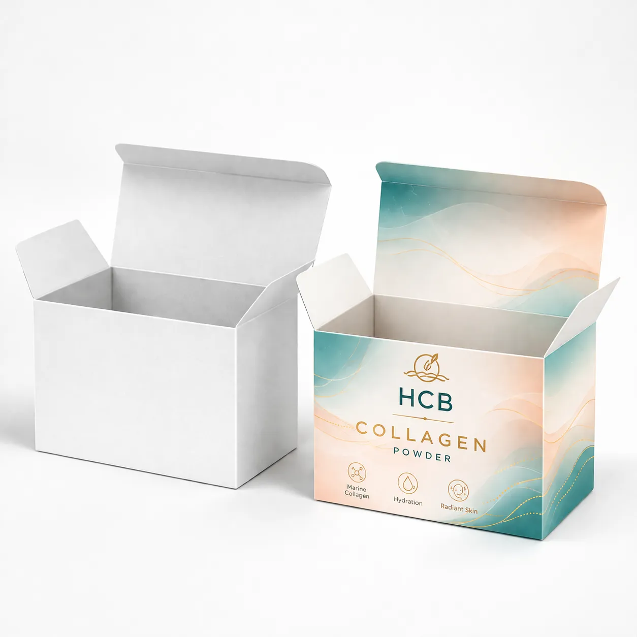 Two rectangular top-flap boxes, featuring one blank white sample and one printed with marine collagen branding. class=